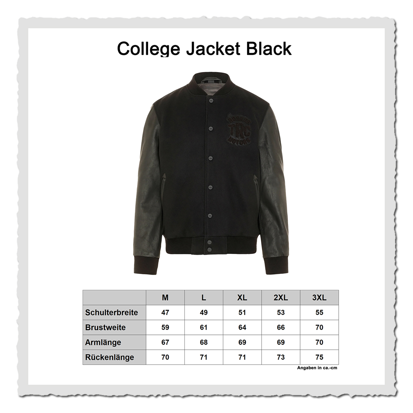 Grafik mit schwarzer Collegejacke und Maßtabelle darunter, Titel „College Jacket Black“, weißer Hintergrund.